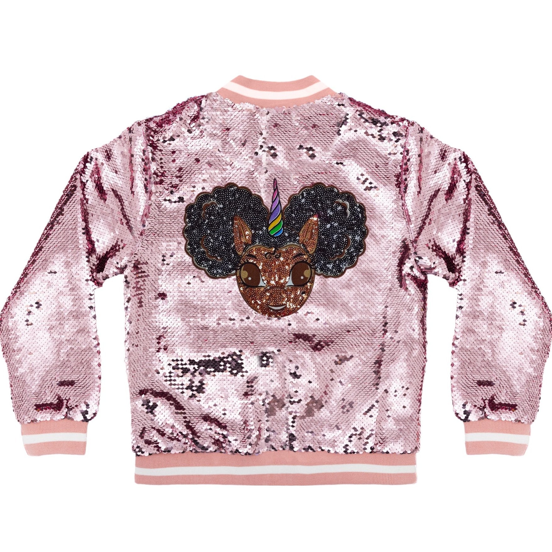 New Arrival: Sequin Jacket with Afro Puff Unicorn Studded Logo Patch - Sparkle Pink