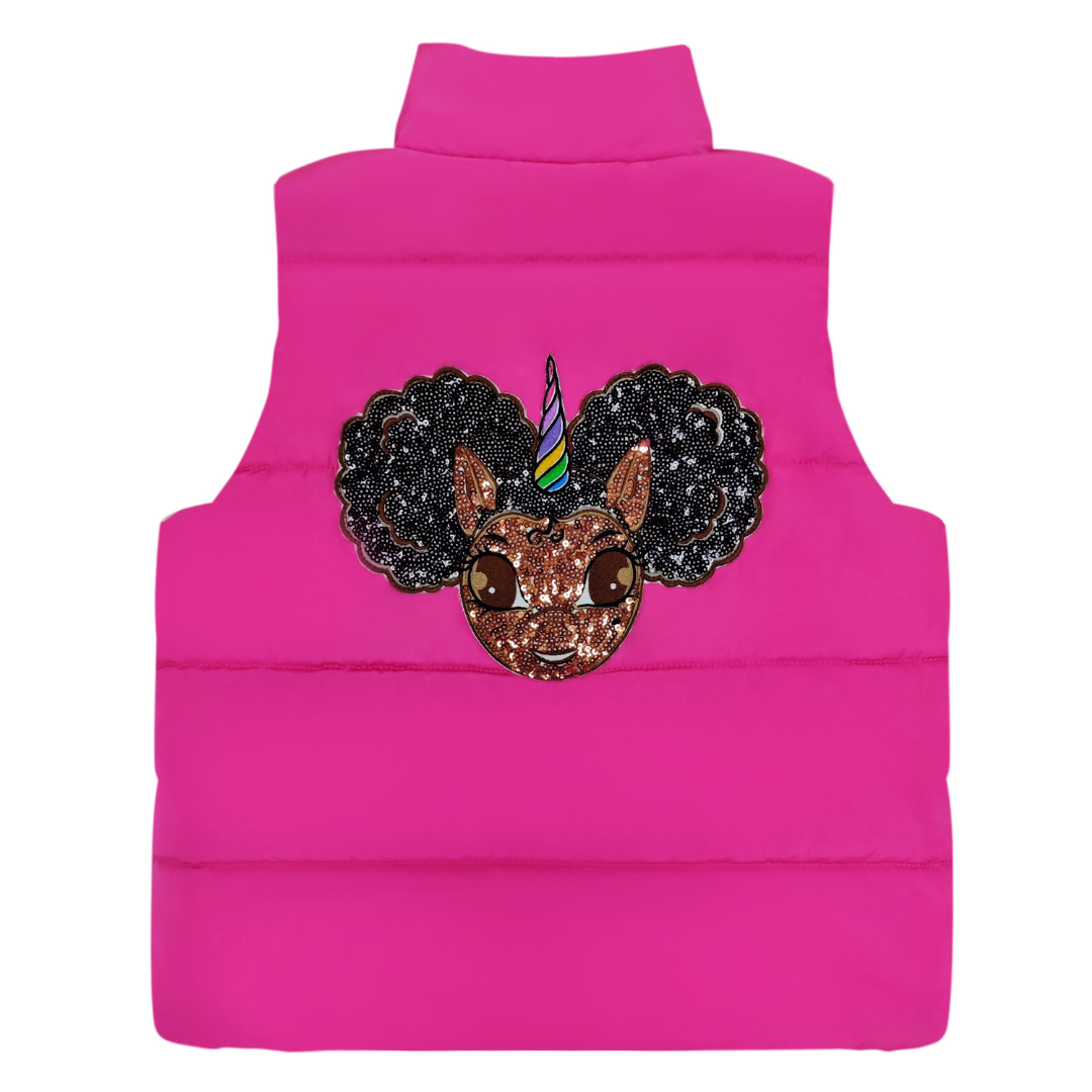 Puffer Vest with Afro Puff Unicorn Studded Sequin Logo Patch - Rose Pink