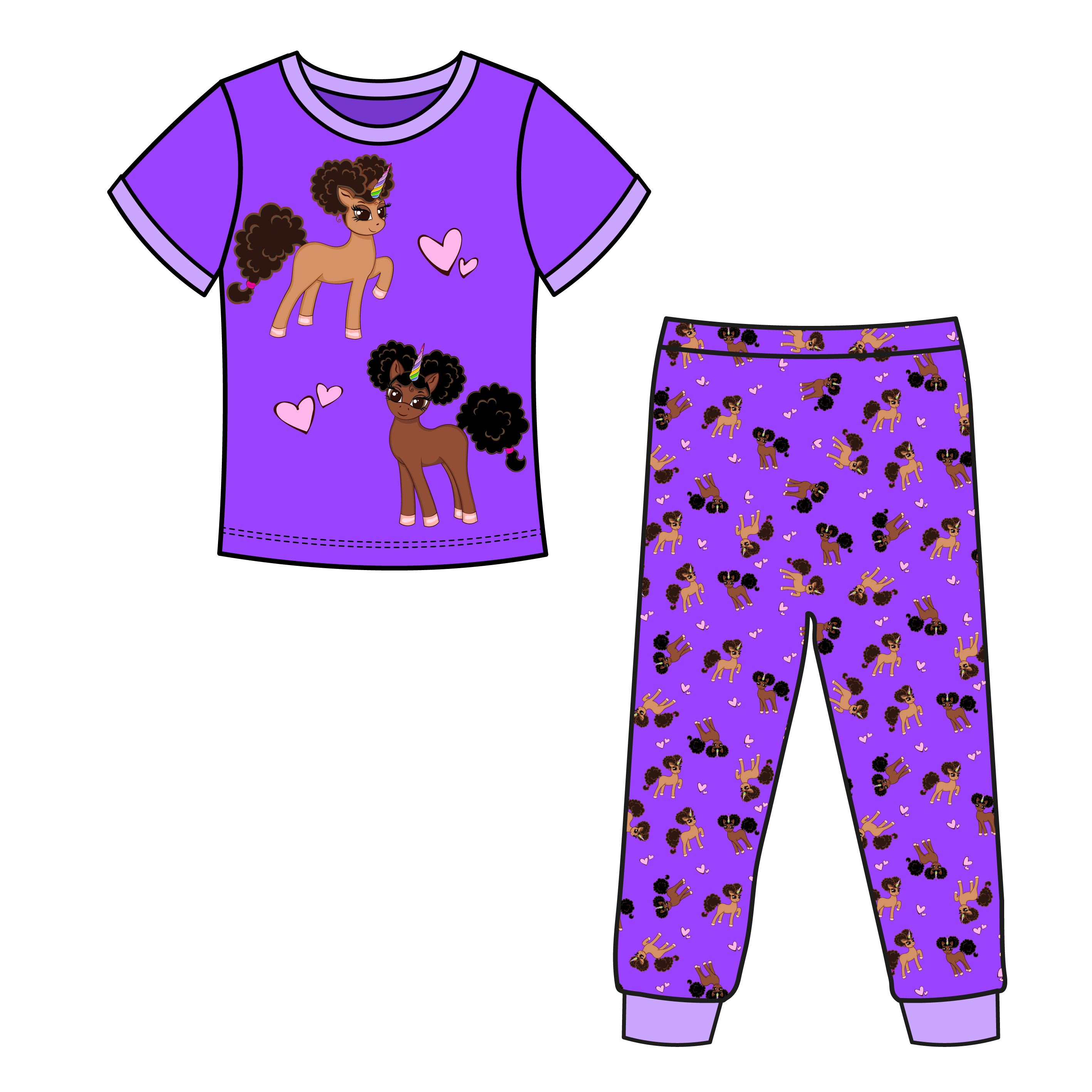 Heart Throb Short Sleeve | Long Bottom Pajama Set - Bubblegum Purple Princess Print