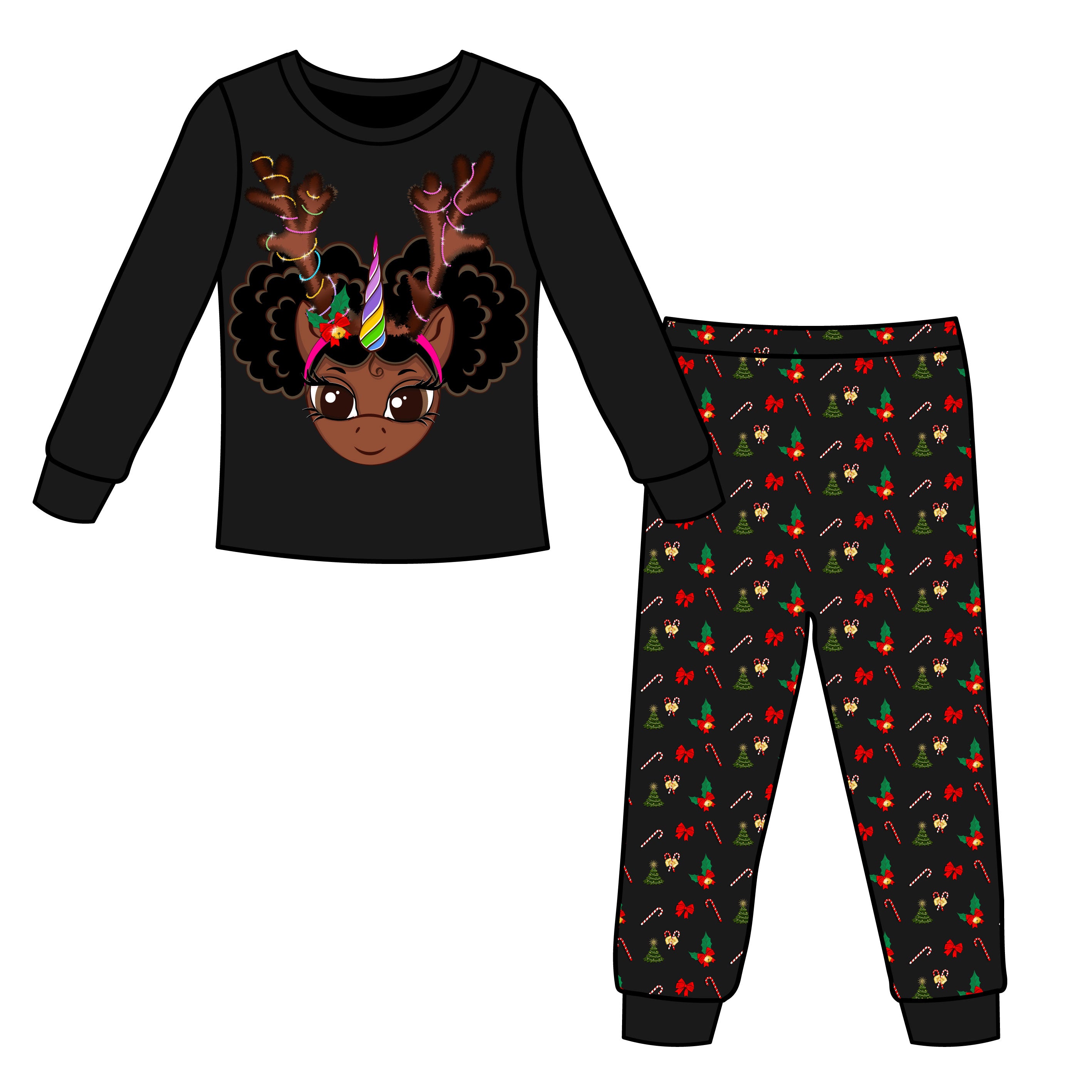 Reindeer Fun Long Sleeve | Long Bottom Pajama Set - Diamond Black Print