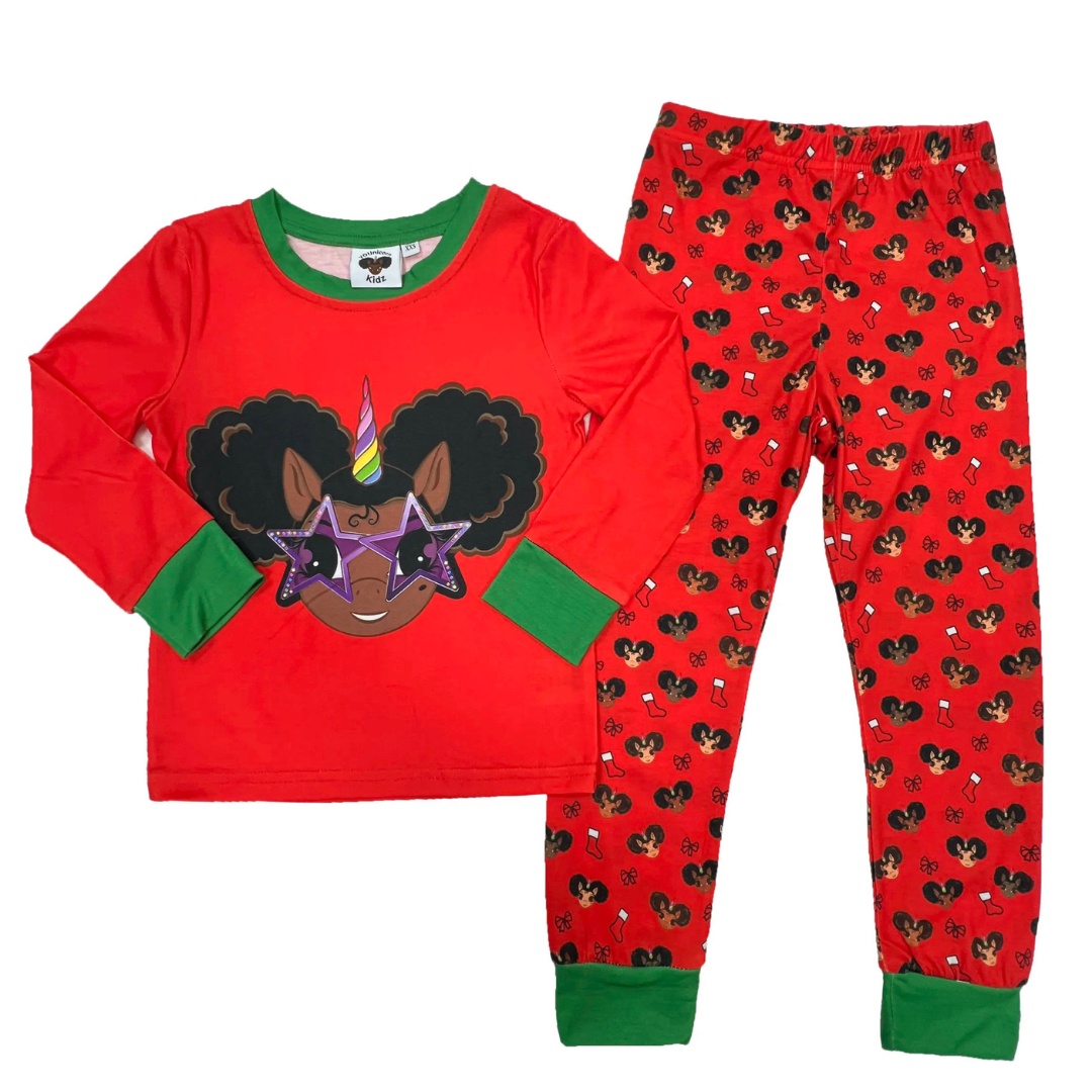 Holiday Superstar Long Sleeve | Long Bottom Pajama Set - Reindeer Red and Green Print