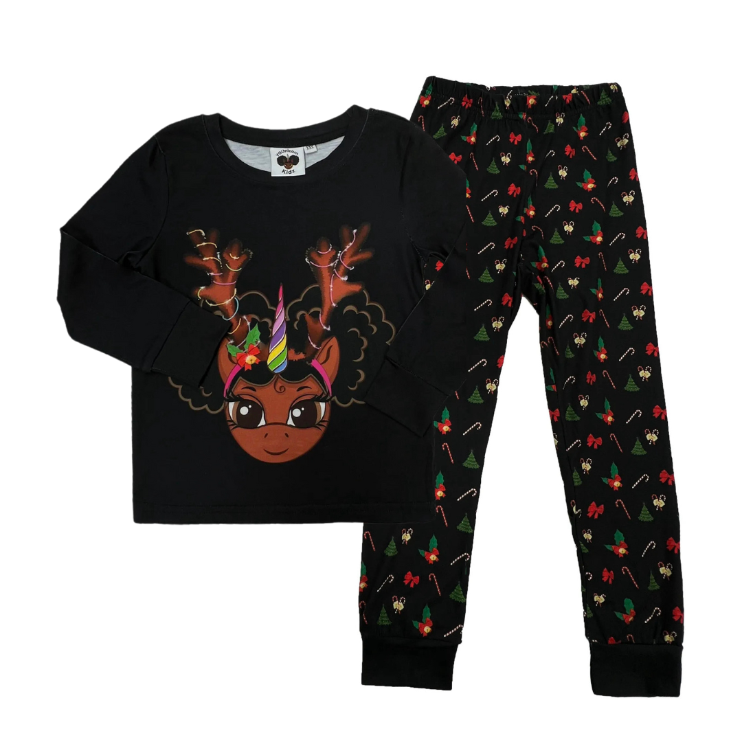 Reindeer Fun Long Sleeve | Long Bottom Pajama Set - Diamond Black Print