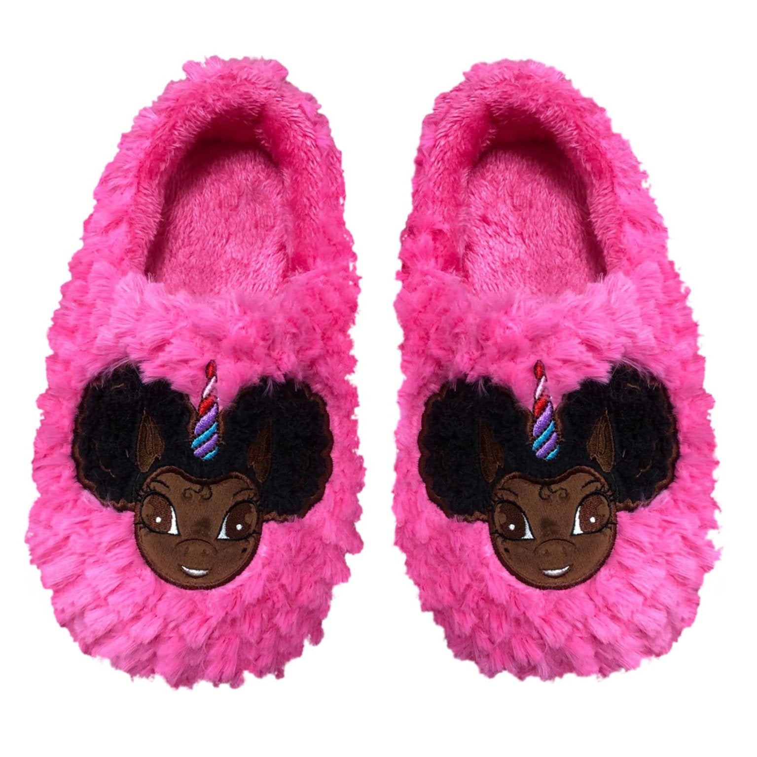 Signature Afro Puff Unicorn Hot Pink Plush Slipper - Dark Brown with Black Hair