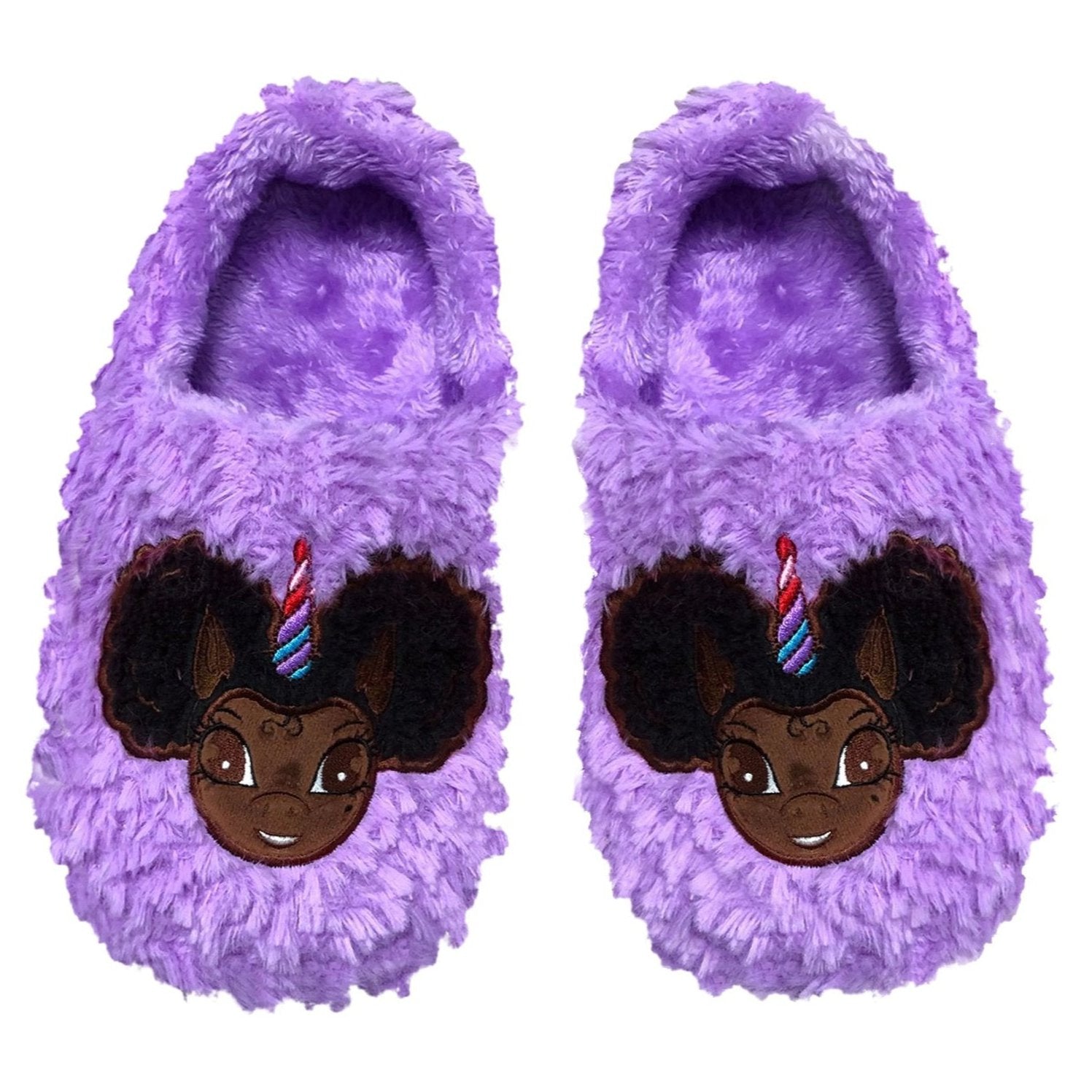 Signature Afro Puff Unicorn Princess Purple Plush Slipper - Dark Brown with Black Hair