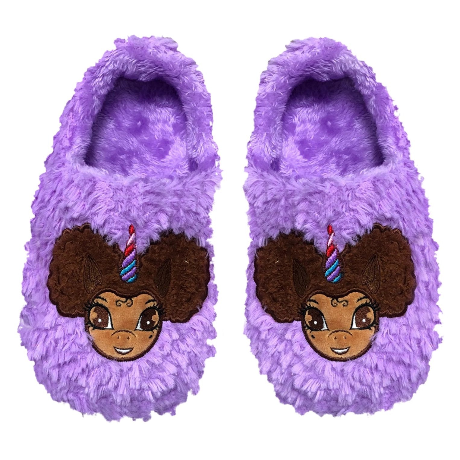 Signature Afro Puff Unicorn Princess Purple Plush Slipper - Light Brown with Brown Hair