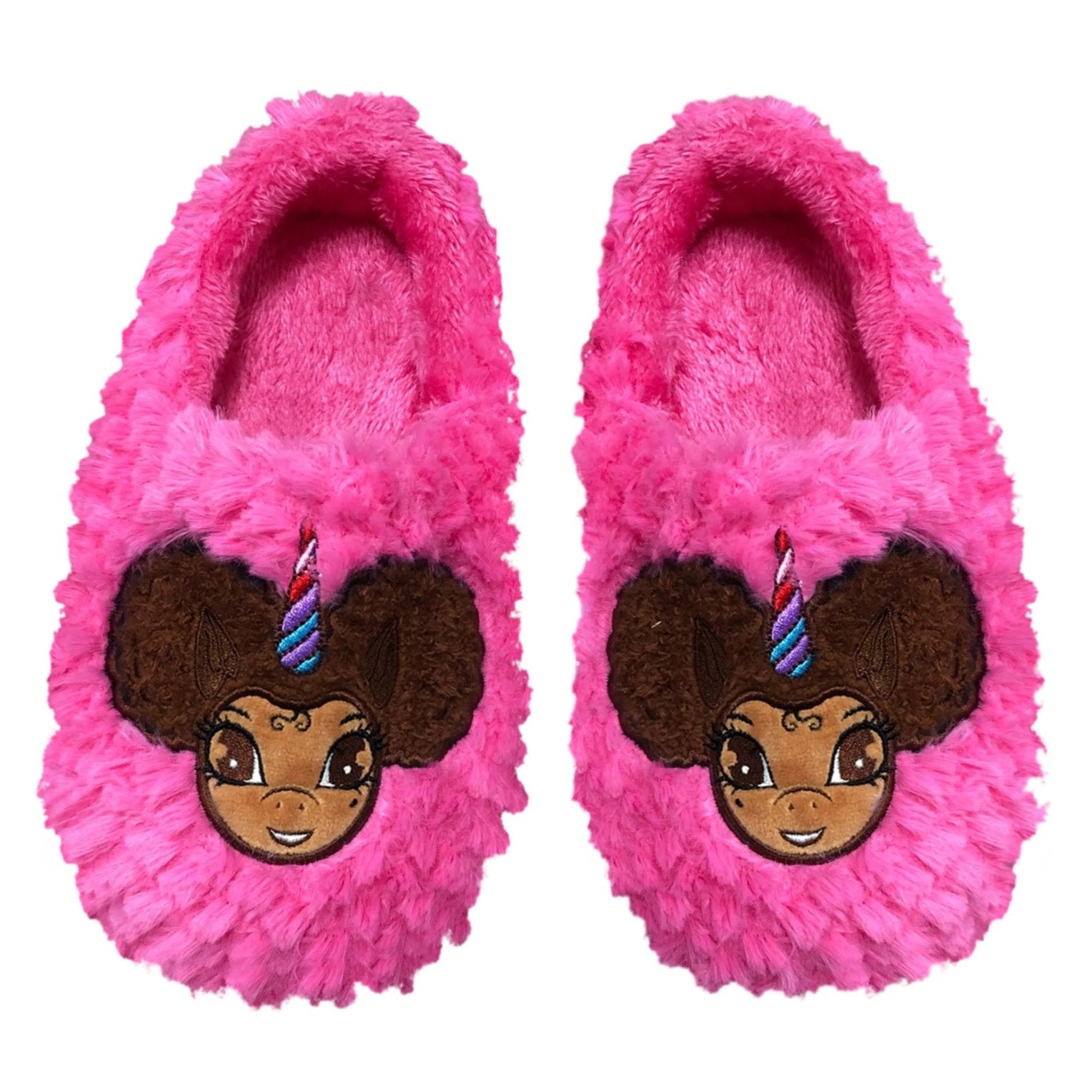 Signature Afro Puff Unicorn Hot Pink Plush Slipper - Light Brown with Brown Hair