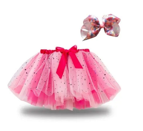 Layered Tulle Magical Tutu and Bow Set - Raspberry Pink