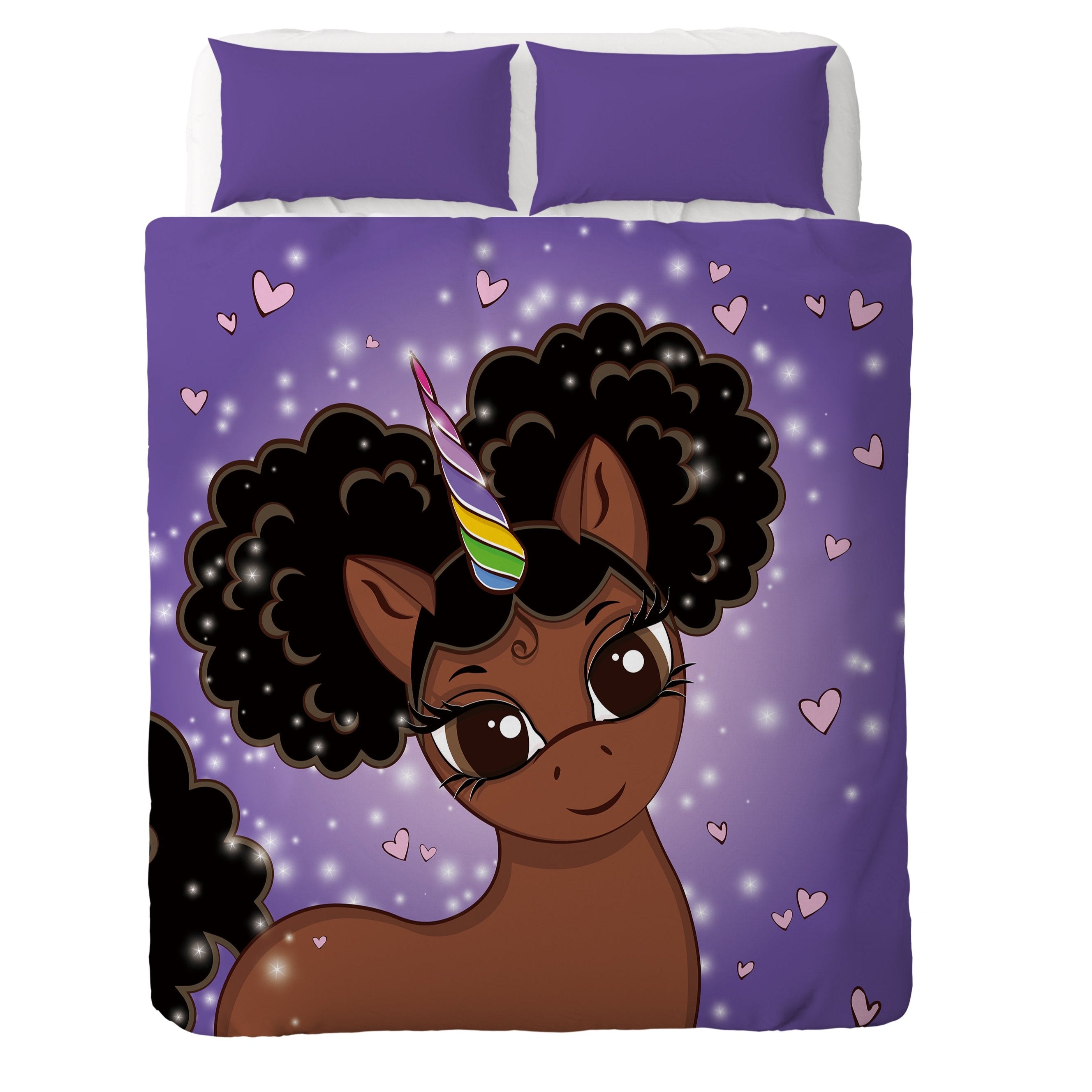 Afro Puff Magic Oversized Unicorn Blanket -- Dark Brown with Black Puffs in Pop Star Purple