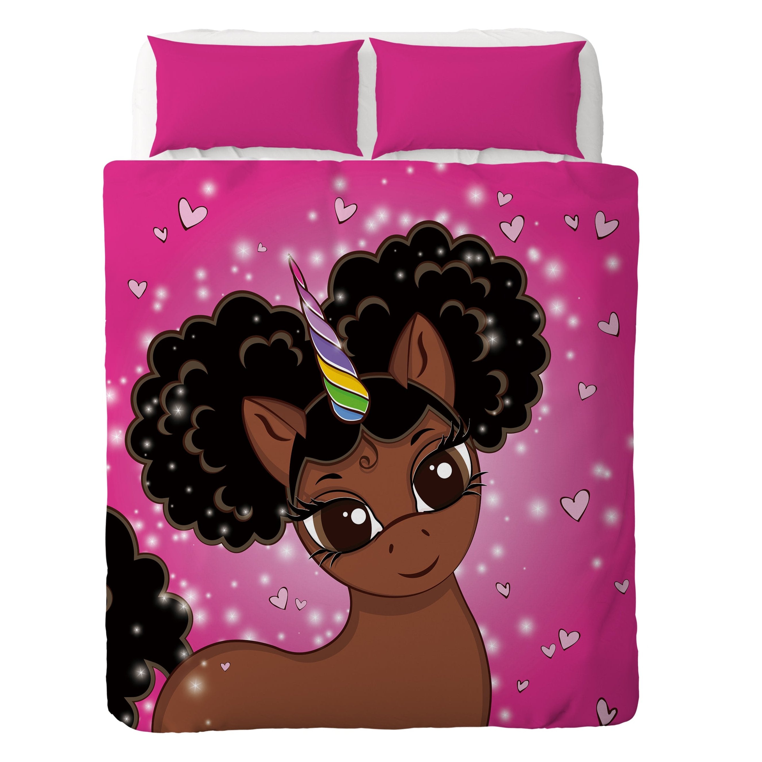 Afro Puff Magic Oversized Unicorn Blanket -- Dark Brown with Black Puffs in Bubblegum Pink