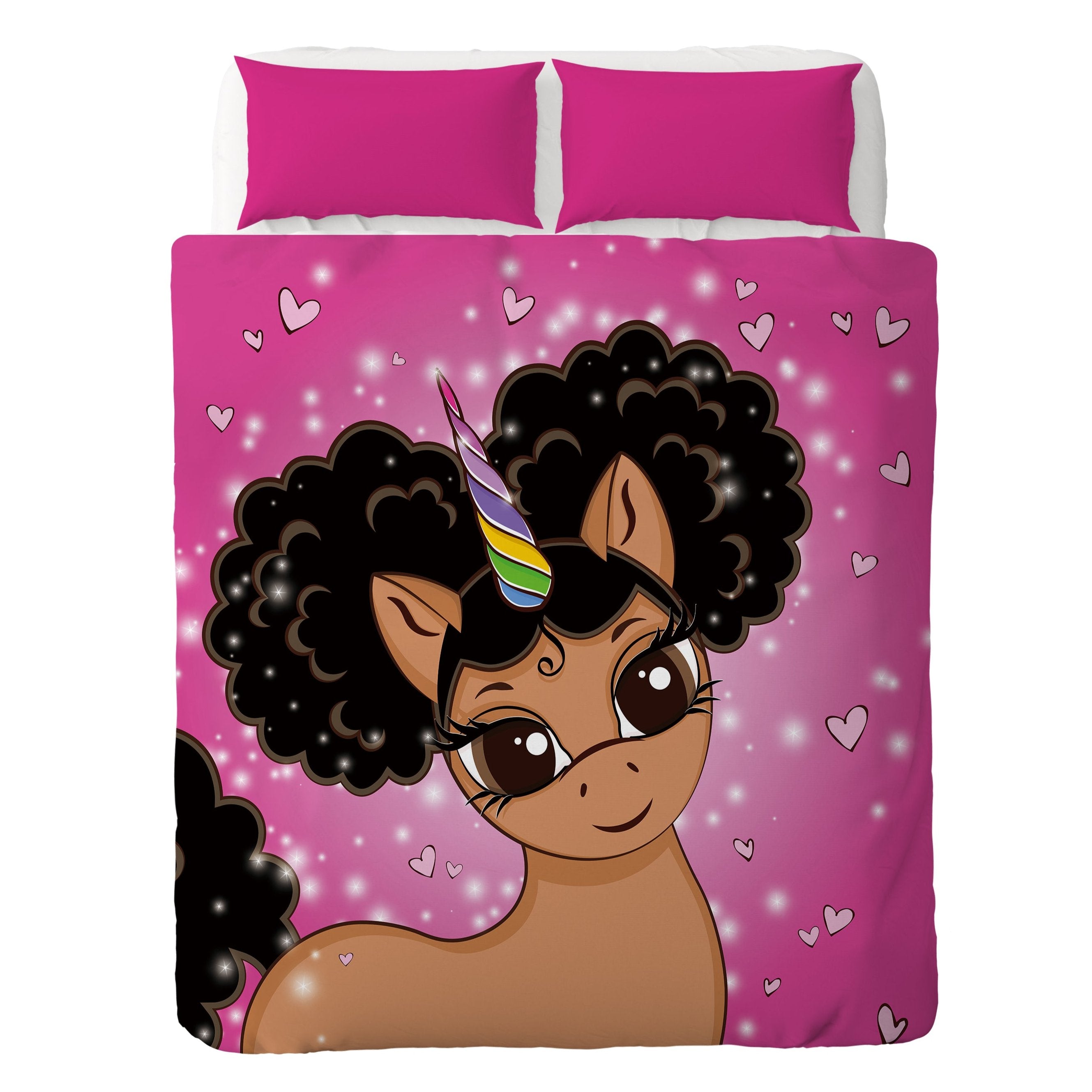 Afro Puff Magic Oversized Unicorn Blanket -- Light Brown with Black Puffs in Bubblegum Pink