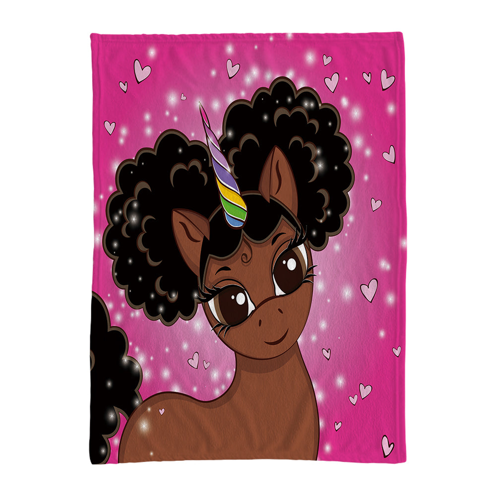 Afro Puff Magic Oversized Unicorn Blanket -- Dark Brown with Black Puffs in Bubblegum Pink