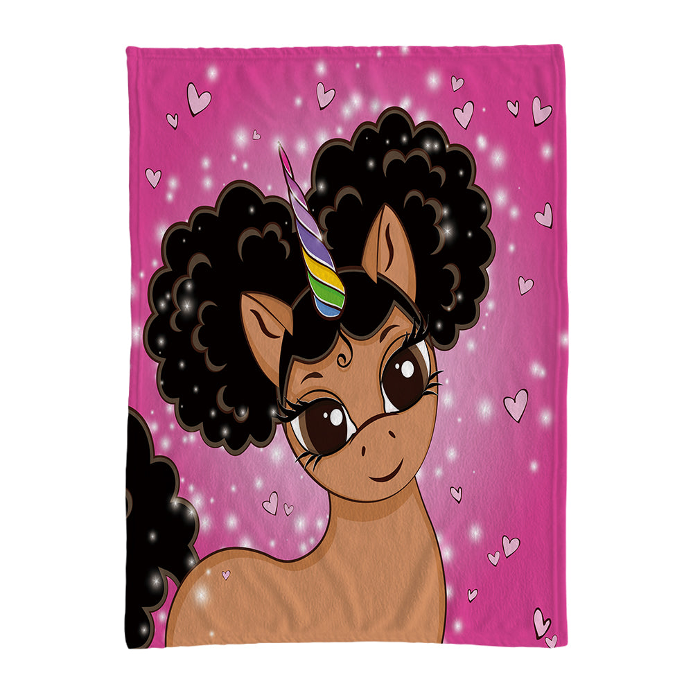 Afro Puff Magic Oversized Unicorn Blanket -- Light Brown with Black Puffs in Bubblegum Pink