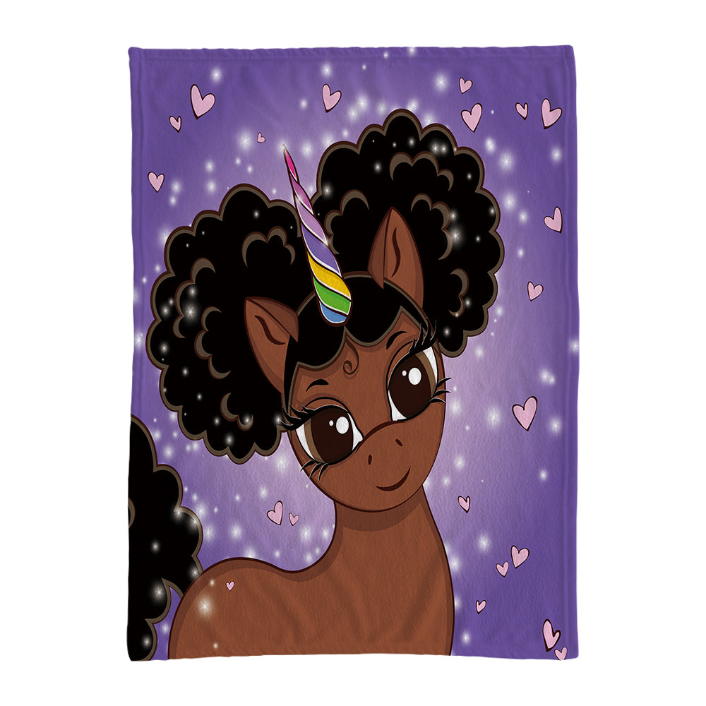 Afro Puff Magic Oversized Unicorn Blanket -- Dark Brown with Black Puffs in Pop Star Purple