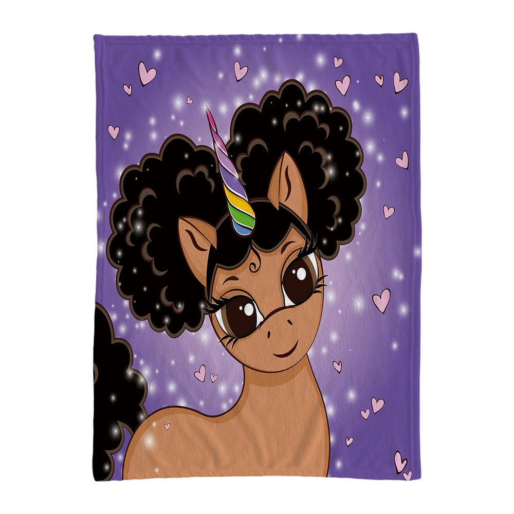 Afro Puff Magic Oversized Unicorn Blanket -- Light Brown with Black Puffs in Pop Star Purple