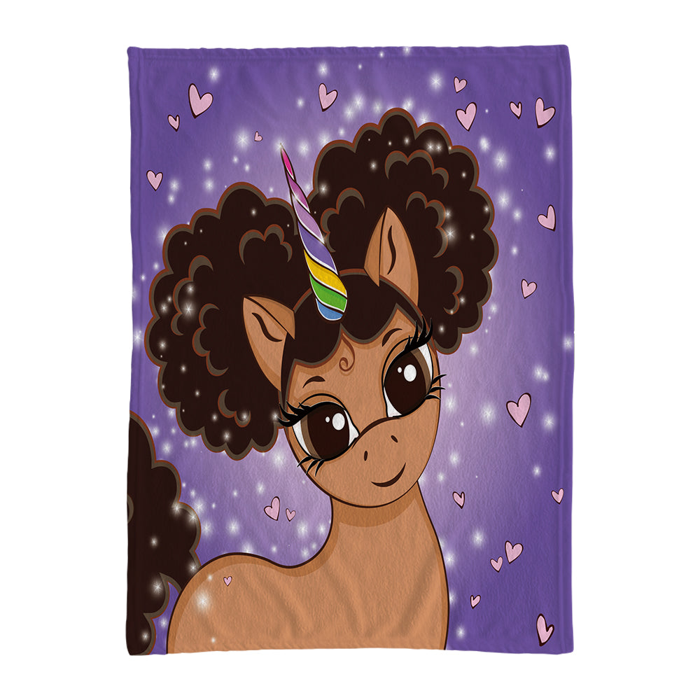 Afro Puff Magic Oversized Unicorn Blanket -- Light Brown with Brown Puffs in Pop Star Purple