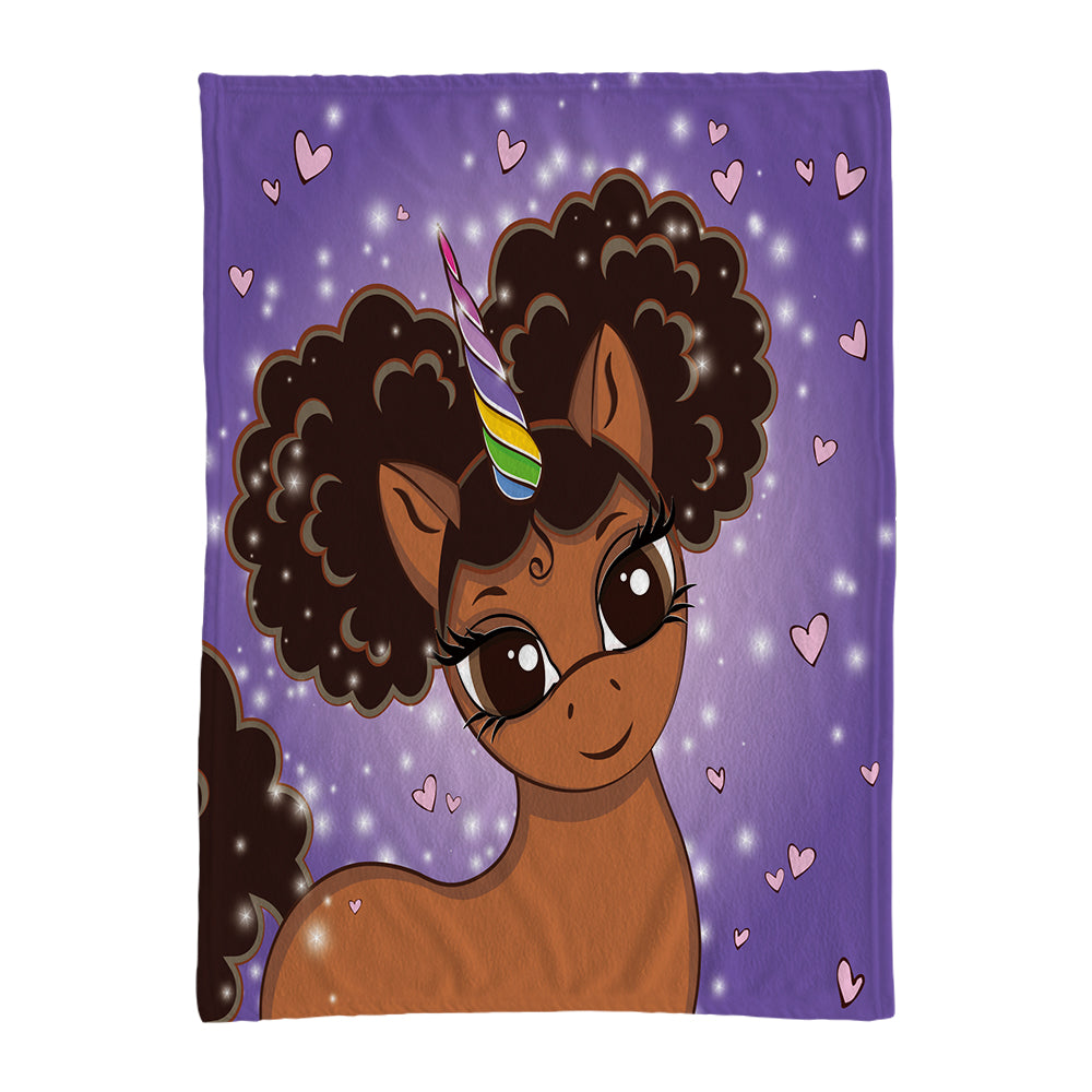 Afro Puff Magic Oversized Unicorn Blanket -- Mocha with Brown Puffs in Pop Star Purple