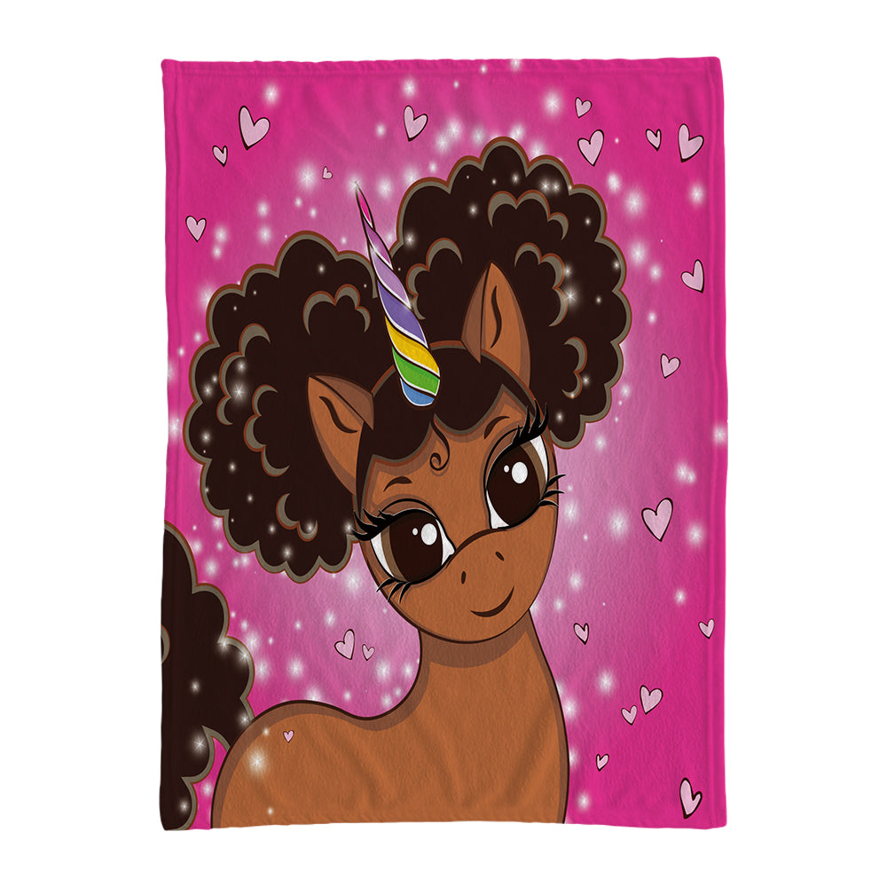 Afro Puff Magic Oversized Unicorn Blanket -- Mocha with Brown Puffs in Bubblegum Pink